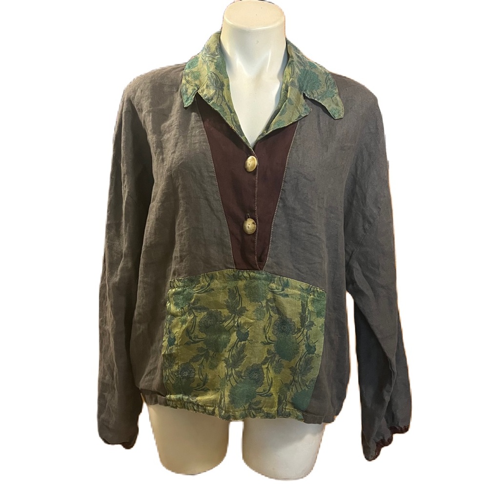 Crunch Art-to-Wear Lagenlook Boho Linen and floral print silk long sleeve blouse